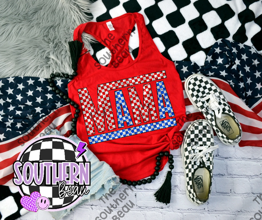 Faux Glitter Red White and Blue Checkered Mama