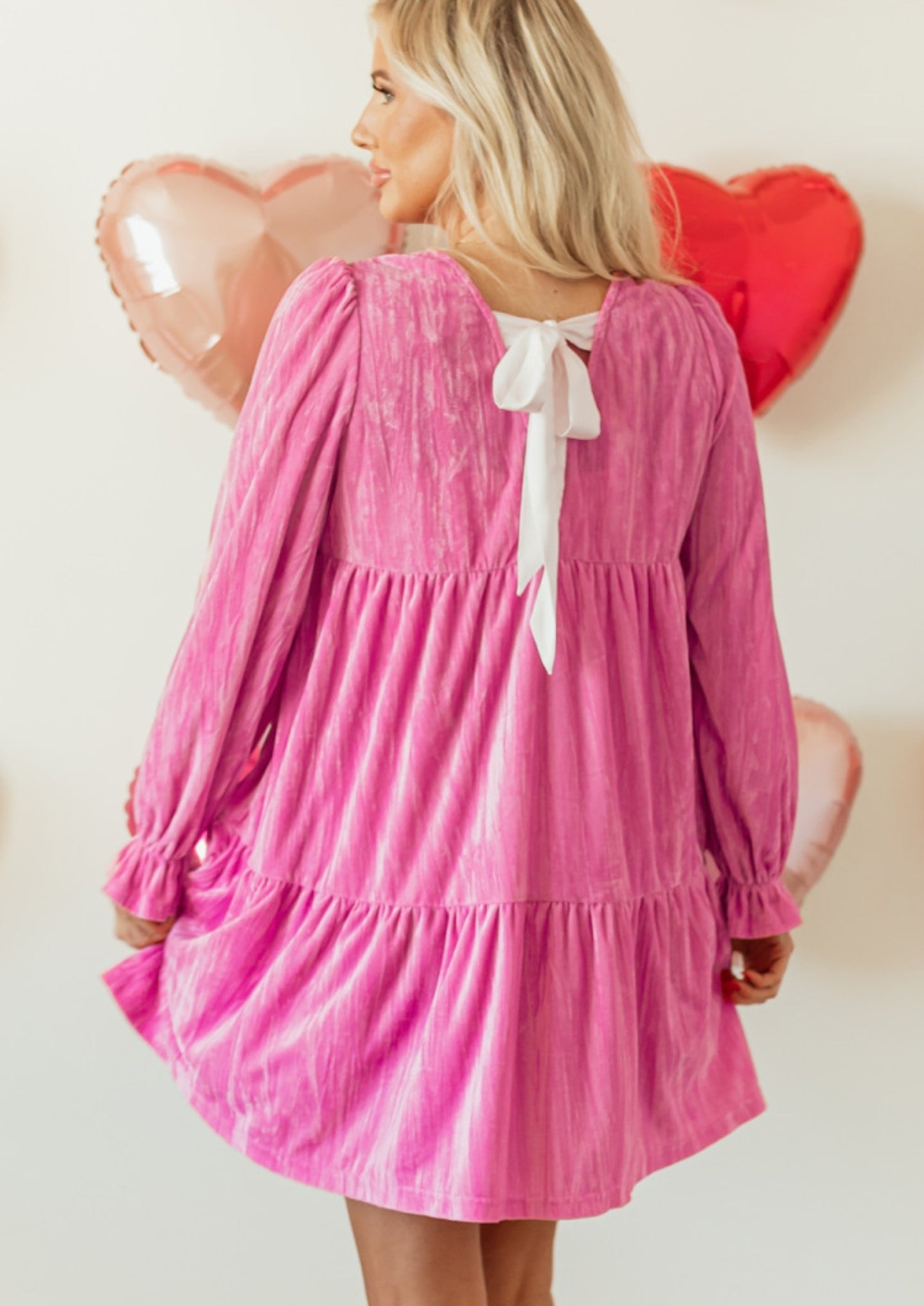 Strawberry Pink Tiered Ruffled Velvet Dress