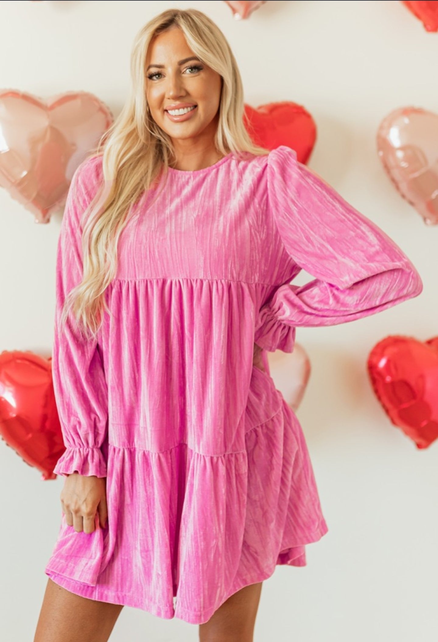 Strawberry Pink Tiered Ruffled Velvet Dress