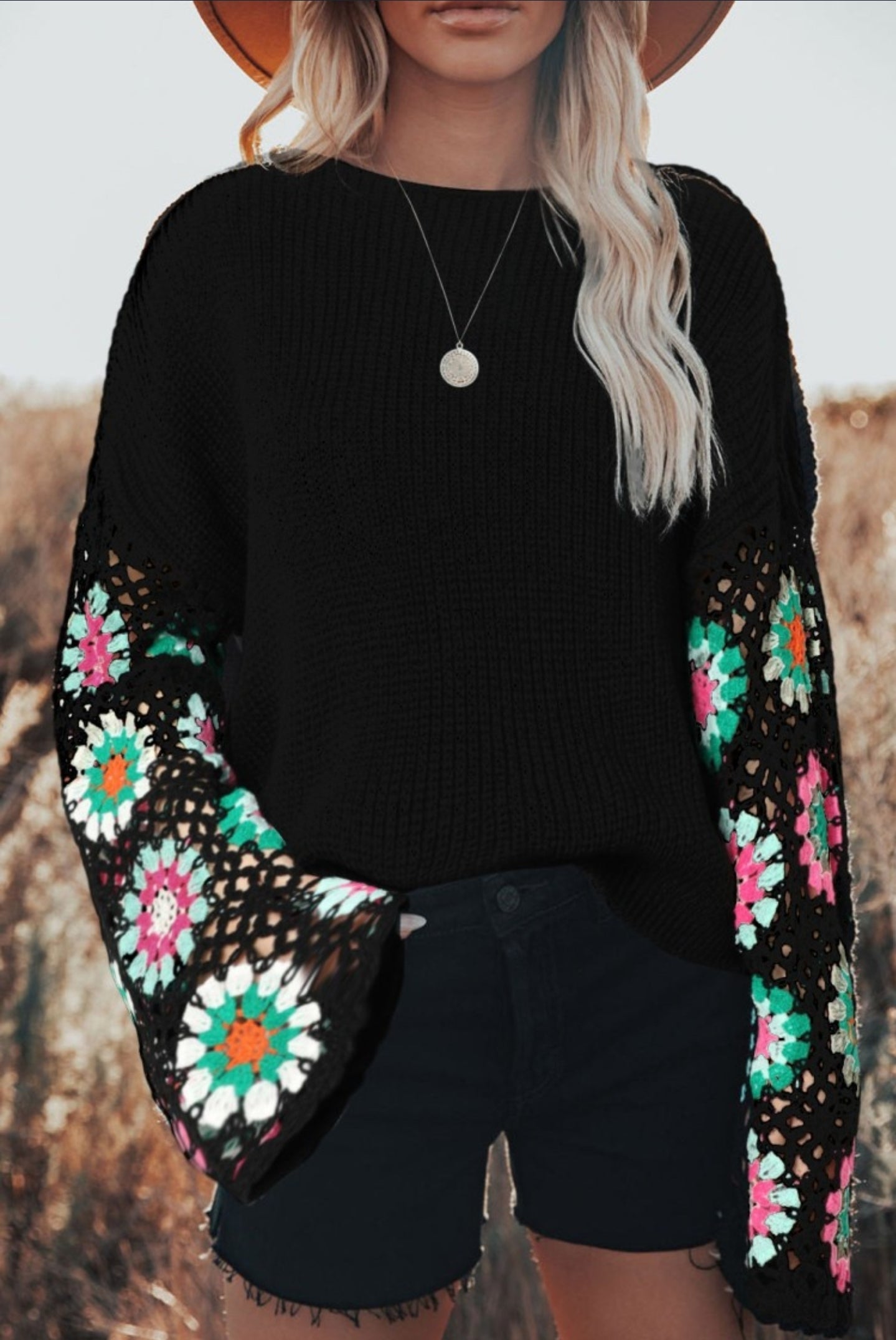 Black Crochet Bell Sleeve Sweater